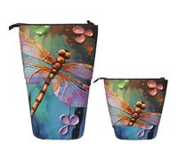 LPSRTWE Telescopic Pencil Bag Hand painted dragonfly Pen Holder Standing Pencil Case Cute Stand Up Pen Holder Organizer Pop Up Cosmetics Bag with Zipper Portable Pencil Pouch for Office