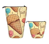 LPSRTWE Telescopic Pencil Bag Ice cream and Waffle Pattern Pen Holder Standing Pencil Case Cute Stand Up Pen Holder Organizer Pop Up Cosmetics Bag with Zipper Portable Pencil Pouch for Office