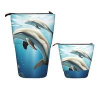 LPSRTWE Telescopic Pencil Bag Kiss Dolphin Tale Pen Holder Standing Pencil Case Cute Stand Up Pen Holder Organizer Pop Up Cosmetics Bag with Zipper Portable Pencil Pouch for Office