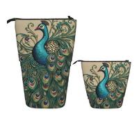 LPSRTWE Telescopic Pencil Bag Peacock Pen Holder Standing Pencil Case Cute Stand Up Pen Holder Organizer Pop Up Cosmetics Bag with Zipper Portable Pencil Pouch for Office