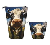 LPSRTWE Telescopic Pencil Bag Prairie cow Pen Holder Standing Pencil Case Cute Stand Up Pen Holder Organizer Pop Up Cosmetics Bag with Zipper Portable Pencil Pouch for Office
