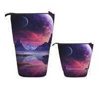 LPSRTWE Telescopic Pencil Bag Purple sky planet Pen Holder Standing Pencil Case Cute Stand Up Pen Holder Organizer Pop Up Cosmetics Bag with Zipper Portable Pencil Pouch for Office