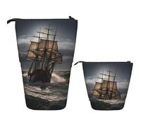 LPSRTWE Telescopic Pencil Bag Sailing ship in storm Pen Holder Standing Pencil Case Cute Stand Up Pen Holder Organizer Pop Up Cosmetics Bag with Zipper Portable Pencil Pouch for Office
