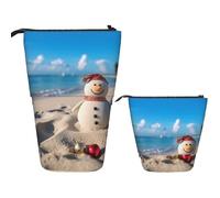 LPSRTWE Telescopic Pencil Bag Sand Snowman on Beach Pen Holder Standing Pencil Case Cute Stand Up Pen Holder Organizer Pop Up Cosmetics Bag with Zipper Portable Pencil Pouch for Office