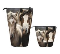 LPSRTWE Telescopic Pencil Bag Two horses Pen Holder Standing Pencil Case Cute Stand Up Pen Holder Organizer Pop Up Cosmetics Bag with Zipper Portable Pencil Pouch for Office