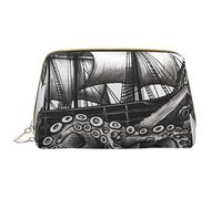 LPSRTWE Travel Makeup Bag for Women Large Capacity Cosmetic Bags PU Leather Waterproof Toiletry Bag Black and White Octopus and Ship Makeup Pouch Portable Wide Open Make Up Organizer with Zipper,