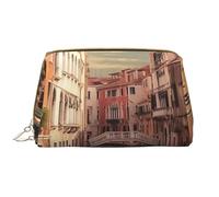 LPSRTWE Travel Makeup Bag for Women Large Capacity Cosmetic Bags PU Leather Waterproof Toiletry Bag Beautiful Venice Canal View Makeup Pouch Portable Wide Open Make Up Organizer with Zipper, White,