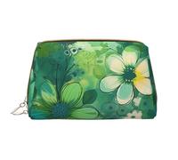 LPSRTWE Travel Makeup Bag for Women Large Capacity Cosmetic Bags PU Leather Waterproof Toiletry Bag Abstract Seasonal Green Floral Makeup Pouch Portable Wide Open Make Up Organizer with Zipper, White,