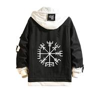 Lpstop Viking Denim Hoodie Skull with Viking Helmet Print Jacket Viking Warrior Odin Jean Jacket Jean Unisex