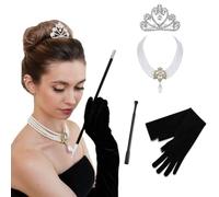 Lpvelyshop Classic Hollywood Costume Accessories Set for woman in Halloween, Pearl Necklace with Crystal Brooch, Tiara Crown, Black Gloves, Long Cigarette Holder