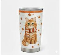 LPVLUX Adorable Ginger Cat in Scarf Travel Tumbler | Double-Wall Vacuum Insulated Mug for Hot & Cold Drinks | Autumn Leaves Print, Green Eyes