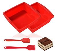LPVVPEZ 2 Pack Silicone Square Baking Pan 7 Inch with Brush and Scraper, BPA Free Nonstick Square Cake Tin Reusable Mould for Brownies Bread Pudding Lasagna Red