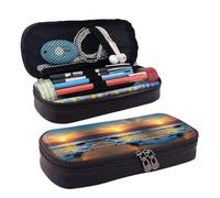 LPWTYCBV Last Sun Rays of Over The Sea Waves Printed Leather Pencil Case with Zipper Seal is Very Suitable for Daily Use.