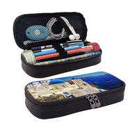 LPWTYCBV Santorini Greek Island Sea View Printed Leather Pencil Case with Zipper Seal is Very Suitable for Daily Use.