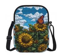 LPWTYCBV Sunflowers And Beautiful Butterfly Printed Zipper Messenger Bag Lightweight Waterproof 600d Oxford Cloth, Adjustable Shoulder Strap