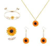 LPYO 4 Pairs Sunflower Earrings Necklace Pin And Bracelet Sets for Women Fashion Resin Daisy Flower Dangle Earrings Boho 3D Sunflower Pendant Necklace Charming Adjustable Braided Rope Flower Bracelet