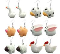 LPYO 6 Pairs 3D Animal Earrings Set for Women Creative Resin Cute Pig Cow Sheep Weird Earrings Funny Handmade Sweet Cartoon Animal Statement Earrings for Animal Lover, Resin, No Gemstone