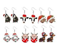LPYO 6 Pairs Christmas Earrings Sets for Women Fashion Acrylic Xmas Holiday Earring Lightweight Cow Snowman Reindeer Earrings, M, Acrylic, No Gemstone