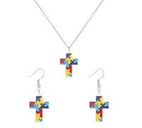 LPYO Autism Awareness Earring And Necklaces Set for Women Creative Alloy Enamel Multi Color Puzzle Pieces Novelty Dangle Earrings Handmade Lightweight Funny Geometric Drop Earrings Jewelry Gifts, Zinc