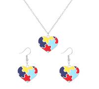 LPYO Autism Awareness Earring And Necklaces Set for Women Creative Alloy Enamel Multi Color Puzzle Pieces Novelty Dangle Earrings Handmade Lightweight Funny Geometric Drop Earrings Jewelry Gifts, Zinc