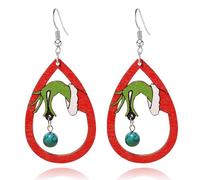 LPYO Christmas Tree Earrings for Women - Handmade Wooden Teardrop Dangle Earrings With Red Green Jingle Bells - New Year Party Winter Holiday Jewelry Gift, Wood, No Gemstone