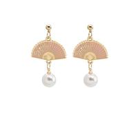 LPYO Fan Stud Earrings Trendy Enamel Small Sector With White Pearl Tassel Dangle Earrings Cute Retro Ethnic Pretty Fan-shaped With Small Flowers Statement Drop Earrings Jewelry Gifts, Zinc, faux pearl