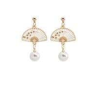 LPYO Fan Stud Earrings Trendy Enamel Small Sector With White Pearl Tassel Dangle Earrings Cute Retro Ethnic Pretty Fan-shaped With Small Flowers Statement Drop Earrings Jewelry Gifts, Zinc, faux pearl