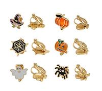 LPYO Halloween Clip On Earrings Set for Women Non Pierced Cute Witch Pumpkin Spider Ghost Punk Gothic Design Ear Jewelry Gifts For Halloween Party Cosplay Daily Wear Costume Accessories, M, Zinc, No
