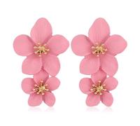 LPYO Large Metal Double Flower Earring Chic Elegant Cute Handmade Bohemian Long Floral Drop Stud Earrings Charm Matte Painted Layered Statement Wedding Party Jewelry Gift, Zinc, No Gemstone
