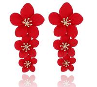 LPYO Large Metal Double Flower Earring Chic Elegant Cute Handmade Bohemian Long Floral Drop Stud Earrings Charm Matte Painted Layered Statement Wedding Party Jewelry Gift, Zinc, No Gemstone