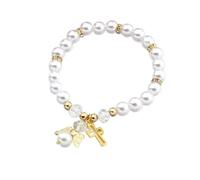 LPYO Pearl Cross Bracelet for Women Dainty Charm Hollow Cross Angel Pendant Bracelet Hanmade Elastic force Adjustable Christian Bracelet Religious Beaded Bracelets Catholic First 1st Communion Easter