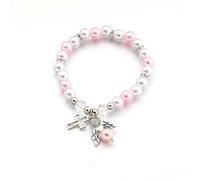 LPYO Pearl Cross Bracelet for Women Dainty Charm Hollow Cross Angel Pendant Bracelet Hanmade Elastic force Adjustable Christian Bracelet Religious Beaded Bracelets Catholic First 1st Communion Easter