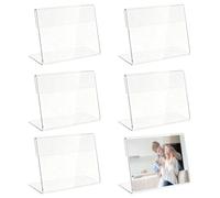 LQMK 6-Pack Acrylic Sign Holder Display Stands - Clear L-Shape Place Card Holders for Office Restaurant Menu Price Tags - Transparent Mini Tabletop Stand for Business Cards Photos Brochures