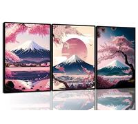 LQOZTBX 3Pcs Vintage Japanese Wall Art Village Fuji Mountain Canvas Posters Cherry Blossom Pictures Japan Landscape Painting Aesthetic Wall Decor for Living Room Bedroom Office Unframed