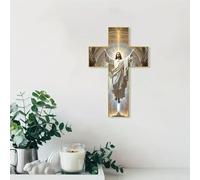 LQQDREX Vintage Wooden Jesus Christ Wall Cross, Handcrafted Rustic Home Decor with Jesus Carving, Christian Home Blessing Art, Scripture-Inspired Cross for Living Room, Bedroom, Prayer Corner