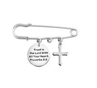 LQRI Cross Charm Safety Pin Brooch Trust In The Lord With All Your Heart Proverbs 3:5 Christian Bible Verse Charm Brooches, Middle, Alloy Steel, na-