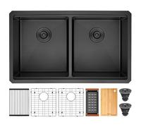 LQS 50/50 Double Bowl Kitchen Sink, 32 Inch Black Undermount Kitchen Sink 16 Gauge Stainless Steel, 32" x 19" x 10" Deep and Large Undermount Kitchen Sinks with Accessories, R10 Round Corner