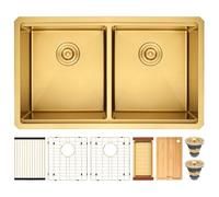LQS Gold Kitchen Sink Undermount/Top Mount, 16 Gauge Stainless Steel 50/50 Double Bowl Kitchen Sink with Cutting Board and Sinks Drain Strainers, Gold Undermount Kitchen Sinks with X-Shaped Drain Line