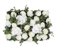 LQSYBHD White Artificial Flowers Wall Backdrop, Artificial Flower Wall Panels 16 X 24 Flower Wall Mat Silk Rose Flower Panels for Wedding, Party, Nursery, Home Decor (White Rose+green Leaves)