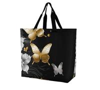 LQWOK Shopping Bags, Gold White Butterflies Printed Shopping Bags,durable Shopping Bags,foldable Shopping Bags,portable Shopping Bags, Gold White Butterflies, 40x40x16cm