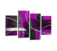 LR Abstract Wall Art Picture - Purple, Grey & White Modern Framed 4 Panel Split Canvas Print | Ready to Hang | Modern Wall Art for Living Room, Bedroom & Office
