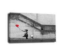 LR Banksy Balloon Girl Wall Art Picture - Grey & Red Graffiti Art Framed Canvas Print | Ready to Hang | Modern Wall Art for Living Room, Bedroom & Office