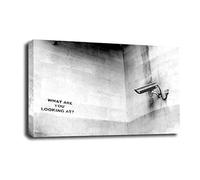 LR Banksy CCTV Camera Wall Art Picture - Grey & White Graffiti Art Framed Canvas Print | Ready to Hang | Modern Wall Art for Living Room, Bedroom & Office
