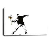 LR Banksy Flower Thrower Art Print Grey White Graffiti Framed Canvas Wall Picture Ready to Hang
