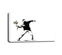 LR Banksy Flower Thrower Wall Art Picture - Grey & White Floral Framed Canvas Print | Ready to Hang | Modern Wall Art for Living Room, Bedroom & Office
