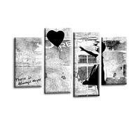 LR Banksy Heart Wall Art Picture - Grey & Black Graffiti Art Framed 4 Panel Split Canvas Print | Ready to Hang | Modern Wall Art for Living Room, Bedroom & Office