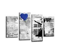 LR Banksy Heart Wall Art Picture - Grey & Blue Graffiti Art Framed 4 Panel Split Canvas Print | Ready to Hang | Modern Wall Art for Living Room, Bedroom & Office