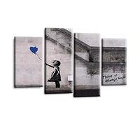 LR Banksy Heart Wall Art Picture - Grey & Blue Graffiti Art Framed 4 Panel Split Canvas Print | Ready to Hang | Modern Wall Art for Living Room, Bedroom & Office