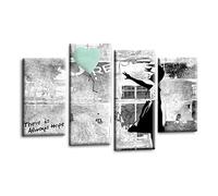 LR Banksy Heart Wall Art Picture - Grey & Duck Egg Graffiti Art Framed 4 Panel Split Canvas Print | Ready to Hang | Modern Wall Art for Living Room, Bedroom & Office