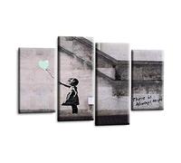 LR Banksy Heart Wall Art Picture - Grey & Duck Egg Graffiti Art Framed 4 Panel Split Canvas Print | Ready to Hang | Modern Wall Art for Living Room, Bedroom & Office